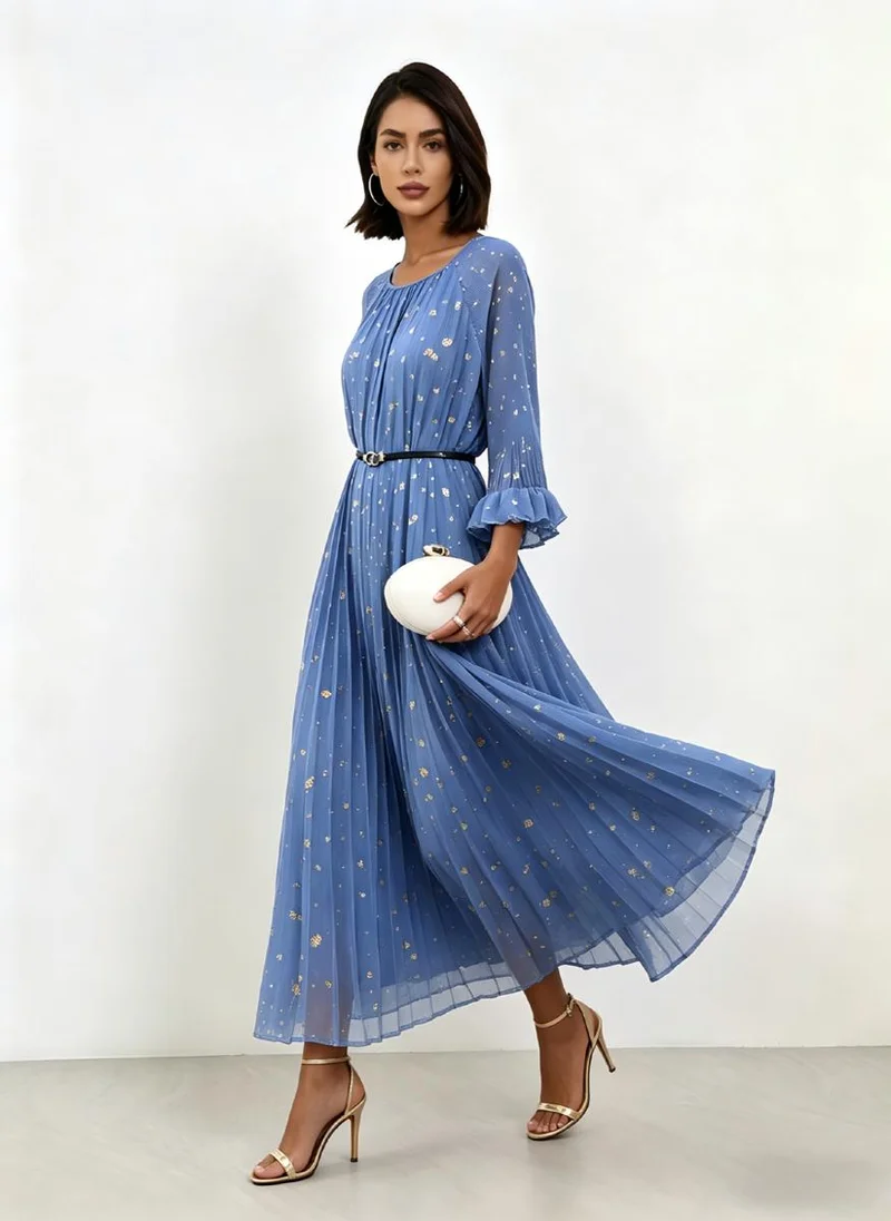 تايك تو Blue Sequin Embellished Pleated A-Line Midi Dress