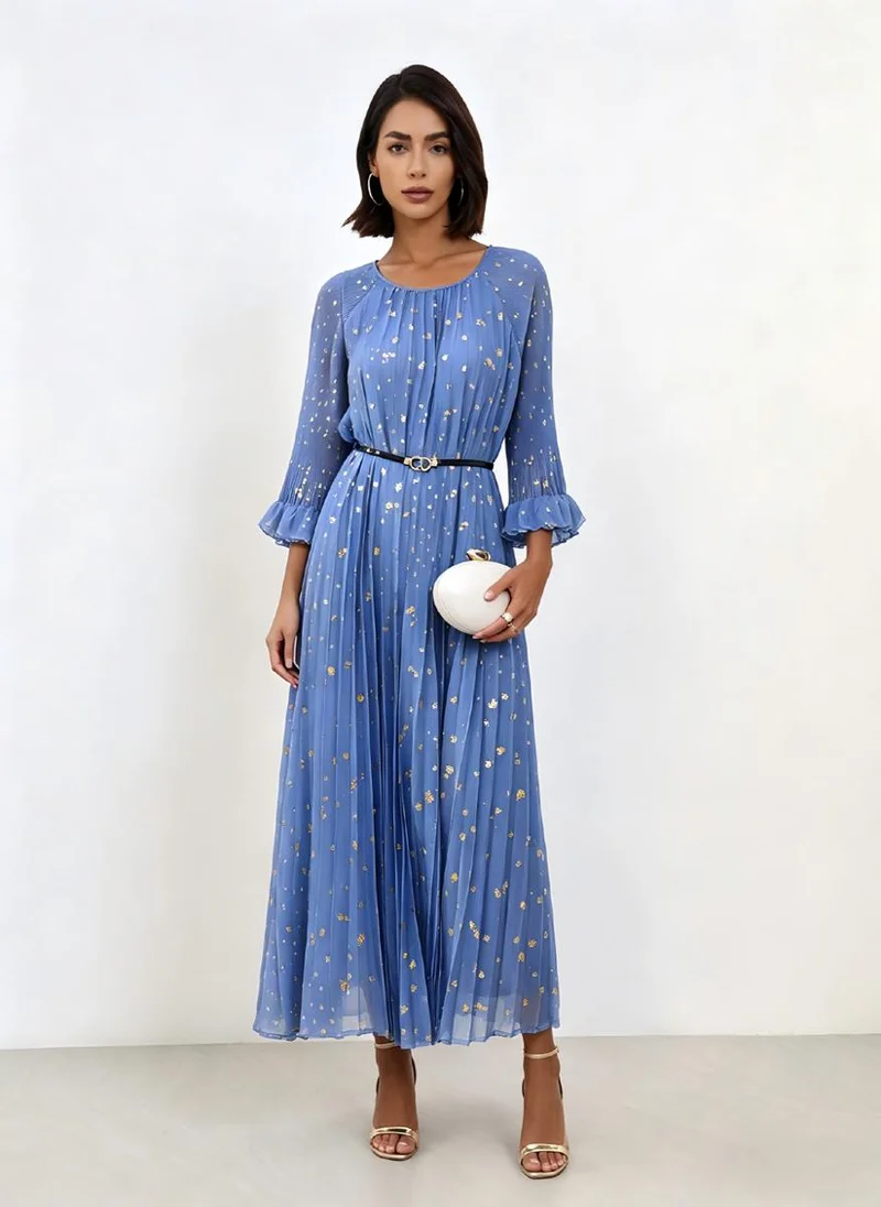 تايك تو Blue Sequin Embellished Pleated A-Line Midi Dress