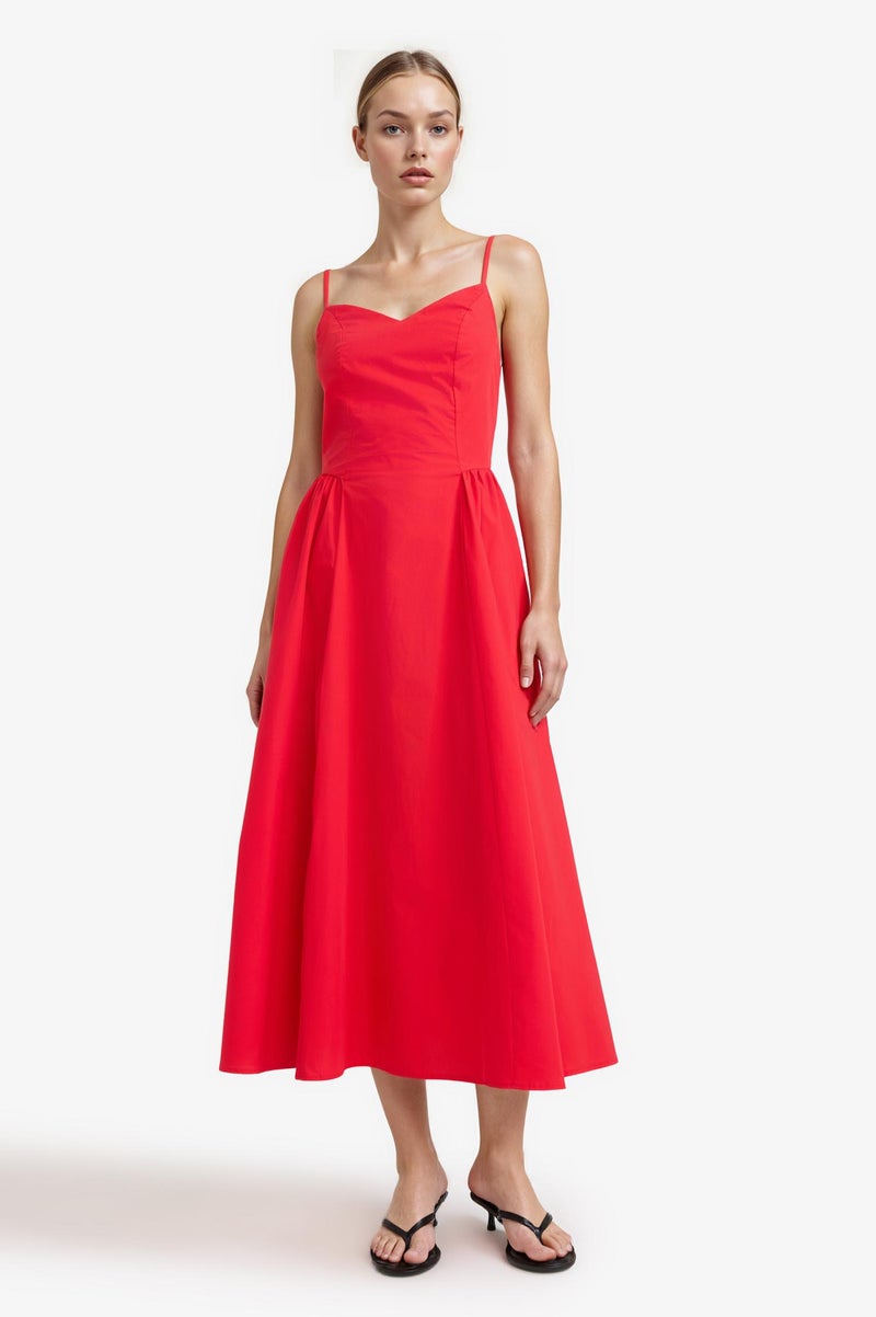 DeFacto Red Woman V-Neck Poplin Strappy Midi Dress Casual - Image 1