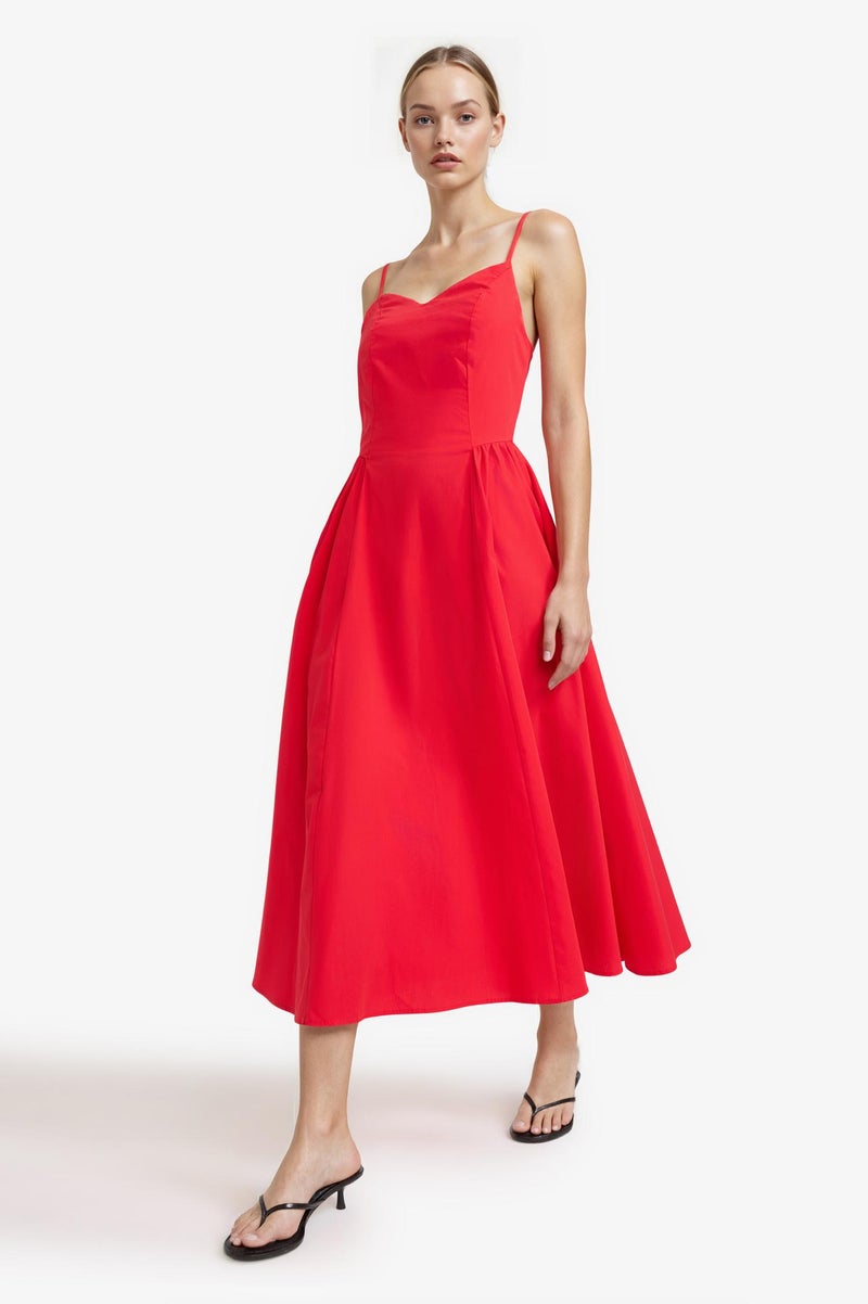 DeFacto Red Woman V-Neck Poplin Strappy Midi Dress Casual - Image 2