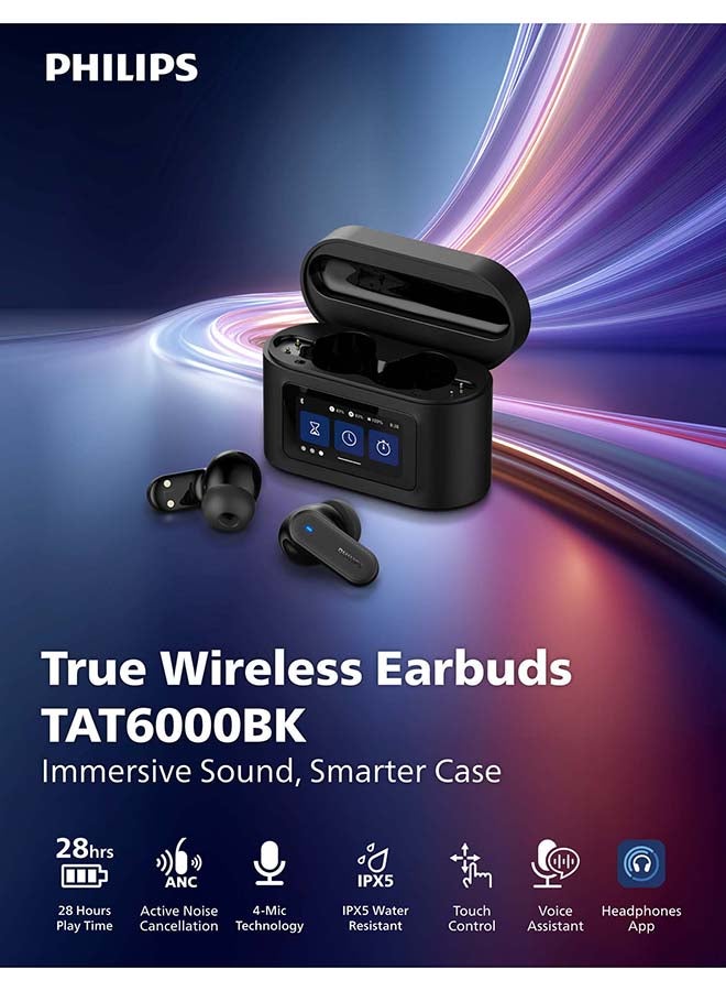 Philips Wireless Earbuds with Smart Touchscreen Case, ANC Bluetooth 5.4 Noise Cancelling TWS Earbuds, 4 Mic Calls, 28H Battery, Deep Bass, IPX5 Waterproof – Philips Black Black - Image 3