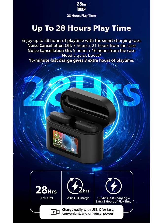 Philips Wireless Earbuds with Smart Touchscreen Case, ANC Bluetooth 5.4 Noise Cancelling TWS Earbuds, 4 Mic Calls, 28H Battery, Deep Bass, IPX5 Waterproof – Philips Black Black - Image 5