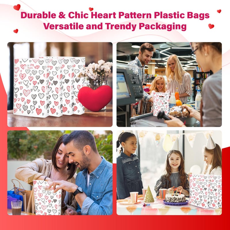 Linelglobal 100 Pack Valentine Treat Bag Plastic Valentines Gift Bag with Handle for Party Goodie 7.8x11.8 Heart Design - Image 4