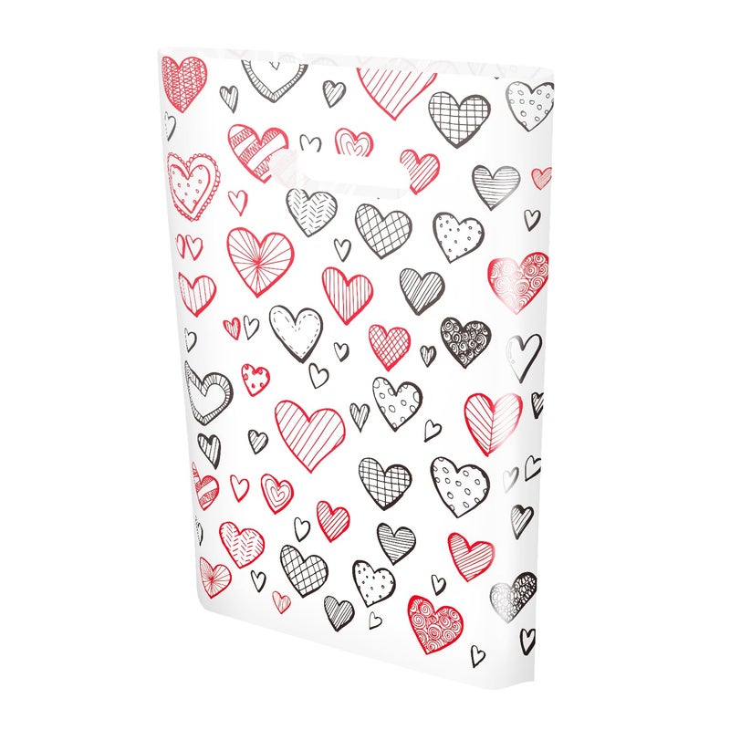 Linelglobal 100 Pack Valentine Treat Bag Plastic Valentines Gift Bag with Handle for Party Goodie 7.8x11.8 Heart Design - Image 1