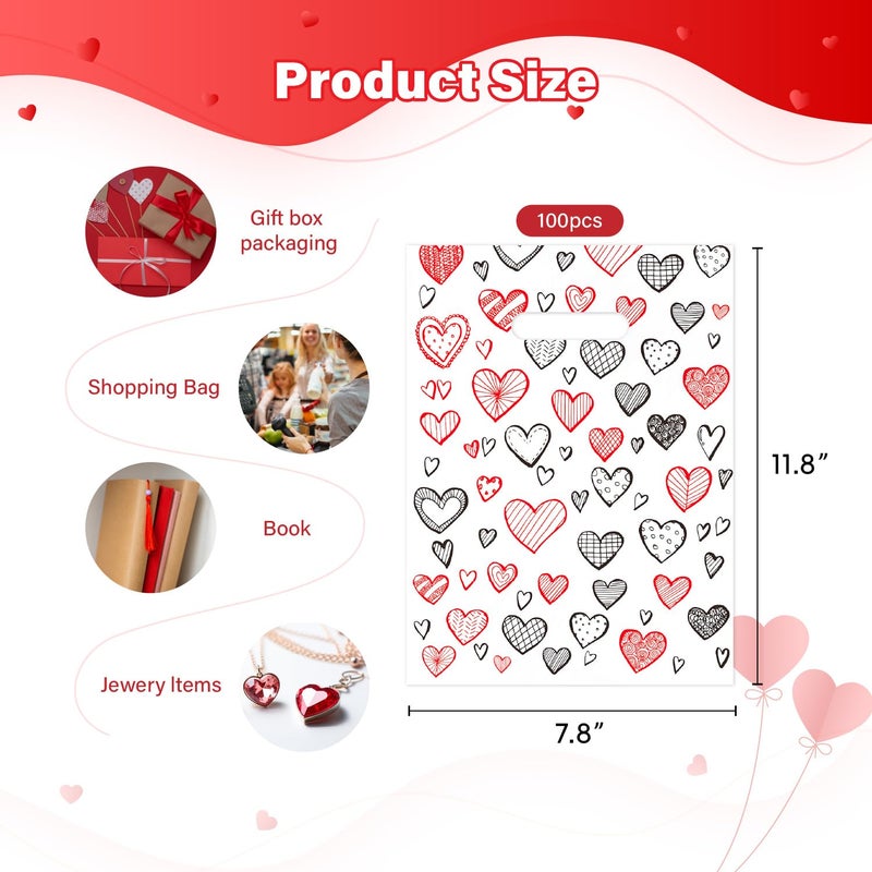 Linelglobal 100 Pack Valentine Treat Bag Plastic Valentines Gift Bag with Handle for Party Goodie 7.8x11.8 Heart Design - Image 2