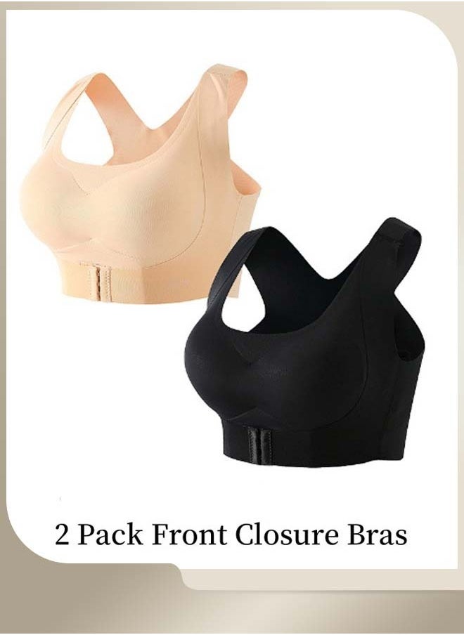 RIOXS - Women's Seamless Front Closure Bras,2 Pack Underwear Push-up Bras,Lingerie Shaper Support Tops With Back X Strap,Female Posture Correction Bra,Lifting Bras, Full-Coverage Cups Sleep Bras,Everyday Bras - Image 1