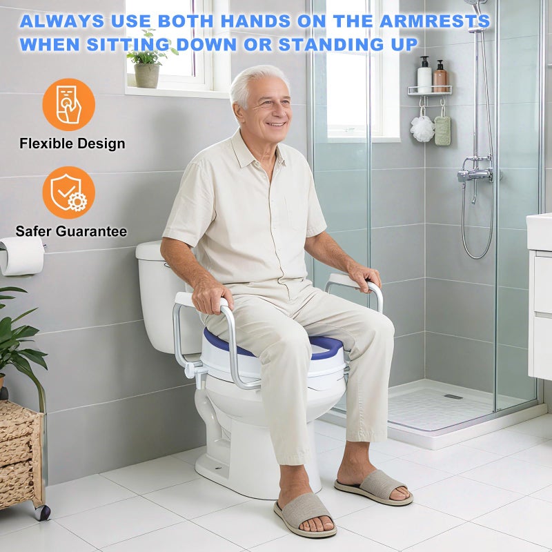 XIAOSHUNER Raised Toilet Seat with Handles for Seniors - Adds 5 Inch - Elevated Toilet Seat Riser with Cushion - Supports 300 lbs - for 16'' Standard/Round Toilet - Includes Lid, Blue - Image 5