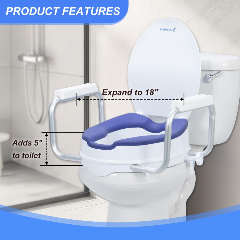 XIAOSHUNER Raised Toilet Seat with Handles for Seniors - Adds 5 Inch - Elevated Toilet Seat Riser with Cushion - Supports 300 lbs - for 16'' Standard/Round Toilet - Includes Lid, Blue - Image 2