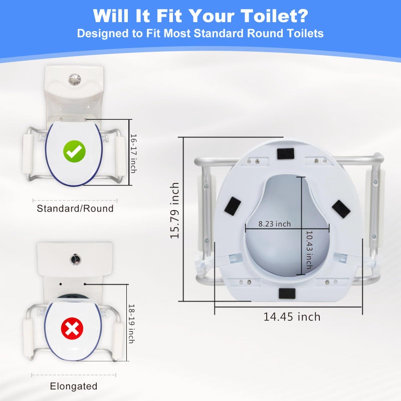XIAOSHUNER Raised Toilet Seat with Handles for Seniors - Adds 5 Inch - Elevated Toilet Seat Riser with Cushion - Supports 300 lbs - for 16'' Standard/Round Toilet - Includes Lid, Blue - Image 3