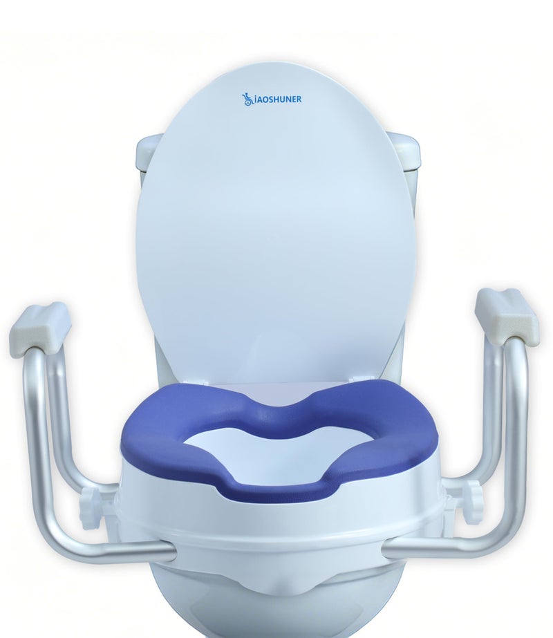 XIAOSHUNER Raised Toilet Seat with Handles for Seniors - Adds 5 Inch - Elevated Toilet Seat Riser with Cushion - Supports 300 lbs - for 16'' Standard/Round Toilet - Includes Lid, Blue - Image 1