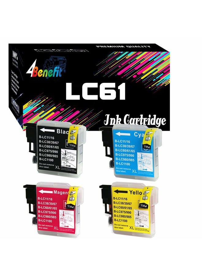 4 Pack (1 Black + 1 each color) Non-OEM Ink Cartridge for LC61 Brother (15.5mL Each Cartridge) DCP 165C MFC 250C 255CW 290C 295CN 385CW 490CW 585CW 790CW 5490CW 5890CW 6490CW - Image 1