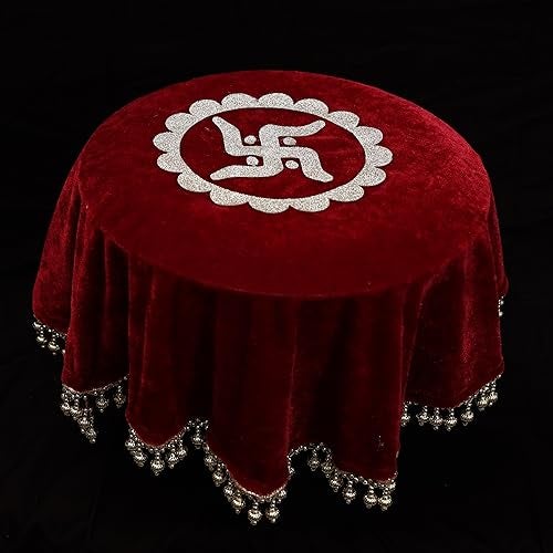 The Bride Made Round Velvet Thaalposh thaal Cover with moti Work for Diwali, Navratri, karwa chauth Shagun Wedding Pooja Karvachothand Various Puja Rituals 22 inches Maroon Colour - Image 1