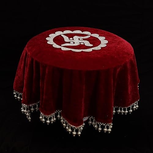 The Bride Made Round Velvet Thaalposh thaal Cover with moti Work for Diwali, Navratri, karwa chauth Shagun Wedding Pooja Karvachothand Various Puja Rituals 22 inches Maroon Colour - Image 2