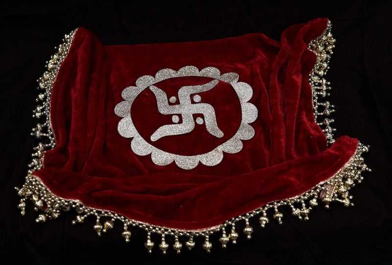 The Bride Made Round Velvet Thaalposh thaal Cover with moti Work for Diwali, Navratri, karwa chauth Shagun Wedding Pooja Karvachothand Various Puja Rituals 22 inches Maroon Colour - Image 3