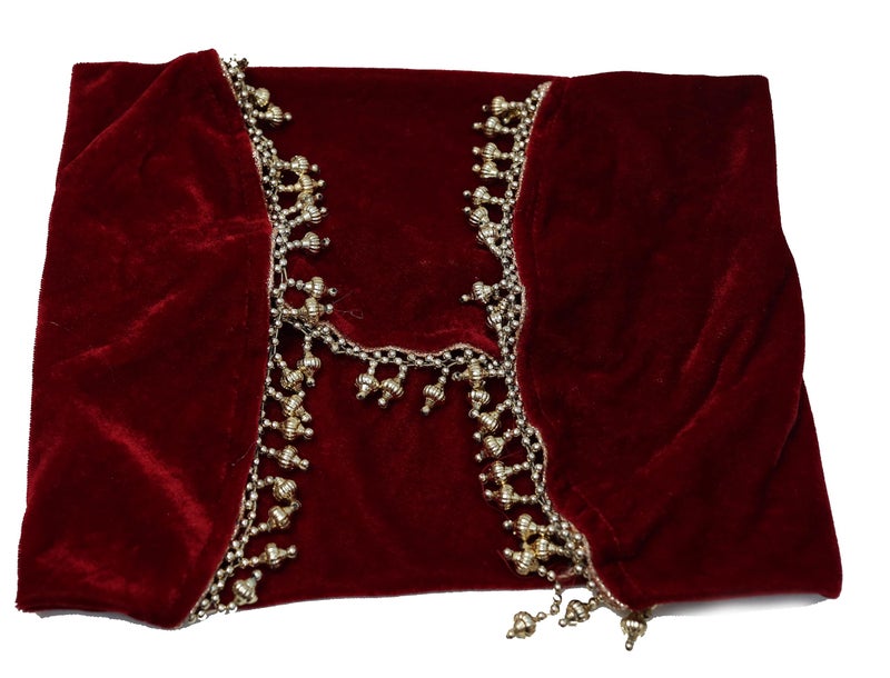The Bride Made Round Velvet Thaalposh thaal Cover with moti Work for Diwali, Navratri, karwa chauth Shagun Wedding Pooja Karvachothand Various Puja Rituals 22 inches Maroon Colour - Image 4
