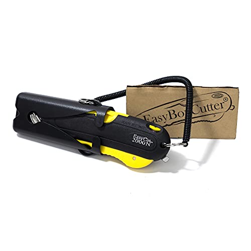 Easy Cut Modern Box Cutter, extra tape cutter at back, dual side edge guide, 3 blade depth setting, 2 blades and holster - Yellow Color 2000 STD - Image 1
