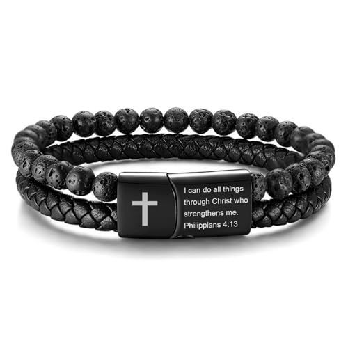 MEALGUET Men's Cross Bracelet for Men : Inspirational Bible Verse Leather Wristband Bracelets Christian Catholic Religious Jewelry Christmas Gifts Ideas for Man,I can Do All things,Medium - Image 1