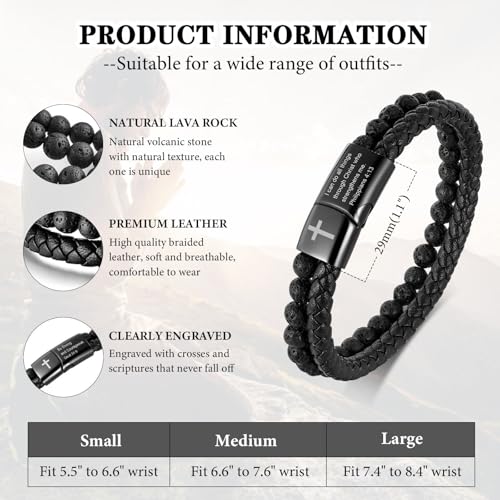 MEALGUET Men's Cross Bracelet for Men : Inspirational Bible Verse Leather Wristband Bracelets Christian Catholic Religious Jewelry Christmas Gifts Ideas for Man,I can Do All things,Medium - Image 3