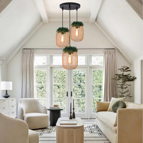Groeien 3-Light Industrial Gold Finish Metal Mesh Leaf Hanging Pendant Ceiling Lamp Fixture | Chandelier for Home, Indoor, Outdoor,Living Room, Bedroom(Bulb Included) - Image 3