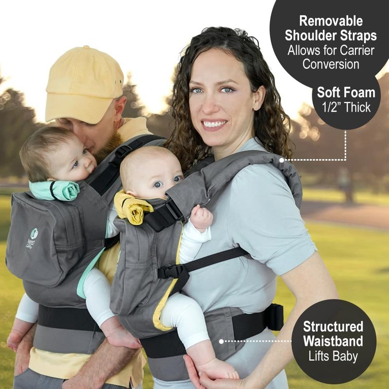 TwinGo Original Baby Carrier (Grey, Green & Yellow) - Fully Adjustable Tandem Carrier and Separates into 2 Single Carriers for Men, Woman, Twins and Babies 10-45 lbs - Image 5