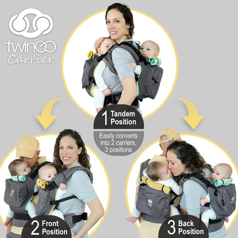 TwinGo Original Baby Carrier (Grey, Green & Yellow) - Fully Adjustable Tandem Carrier and Separates into 2 Single Carriers for Men, Woman, Twins and Babies 10-45 lbs - Image 2