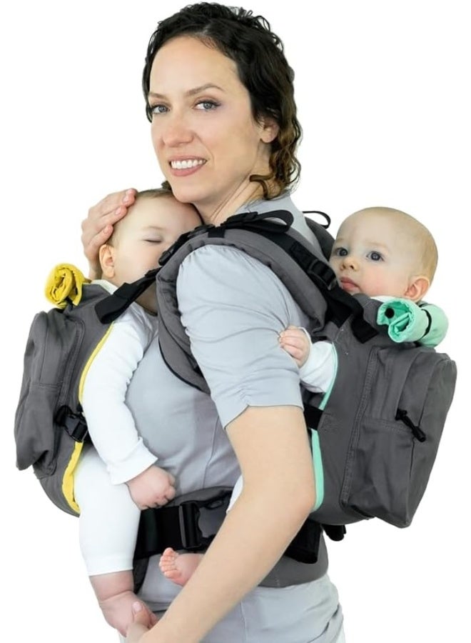 TwinGo Original Baby Carrier (Grey, Green & Yellow) - Fully Adjustable Tandem Carrier and Separates into 2 Single Carriers for Men, Woman, Twins and Babies 10-45 lbs - Image 1