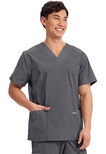 Cherokee Men's V-Neck Top Traditional fit with 4 Pockets, Ultra Soft, Durable, Fade Resistant, 2-Way Stretch Fabric - WW695T, M, Pewter - Image 4
