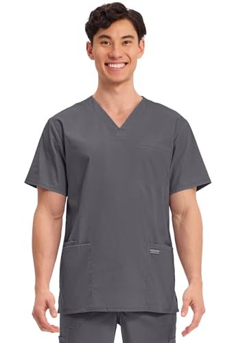 Cherokee Men's V-Neck Top Traditional fit with 4 Pockets, Ultra Soft, Durable, Fade Resistant, 2-Way Stretch Fabric - WW695T, M, Pewter - Image 1