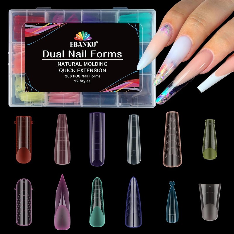 EBANKU 288 PCS Poly Gel Nail Forms Reusable Dual Forms for Polygel Multicolor Nail Mold Acrylic Nail Extension Tool for Home Salon Nail Manicure 12 Styles