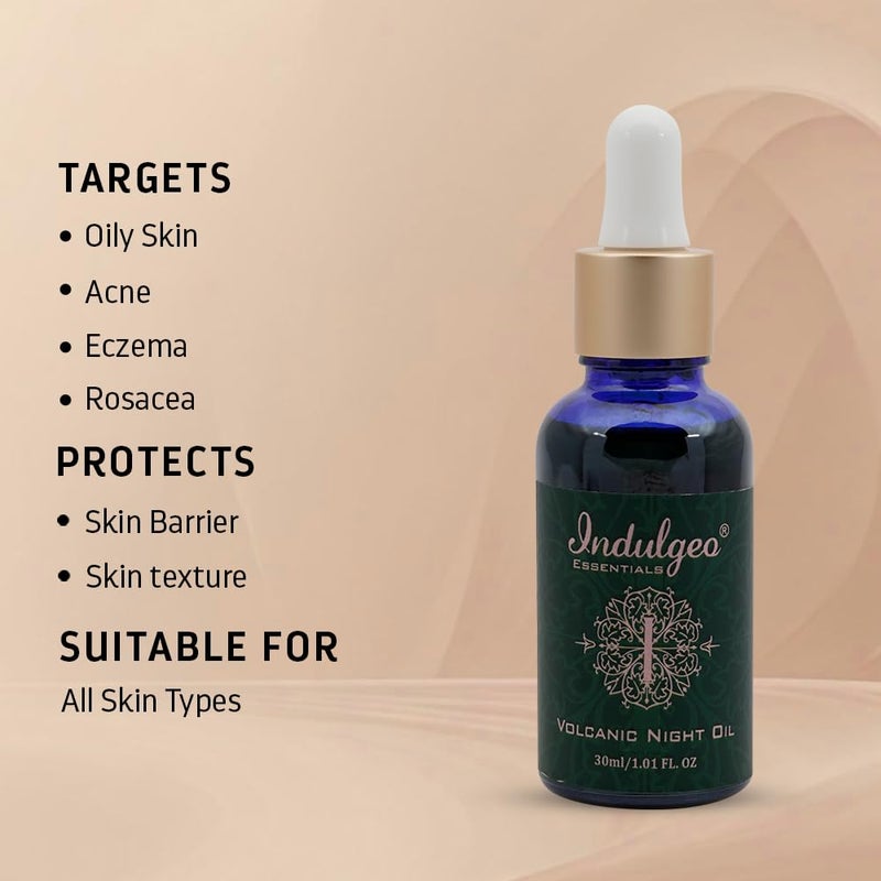 Indulgeo ESSENTIALS زيت الليل البركاني من إندولجيو إيسينشالز 30 مل يساعد في حب الشباب والبثور والبشرة الدهنية ويمنع أضرار الشمس والتسمير زيت التامانو معتمد من آيوش 100% عضوي - Image 2