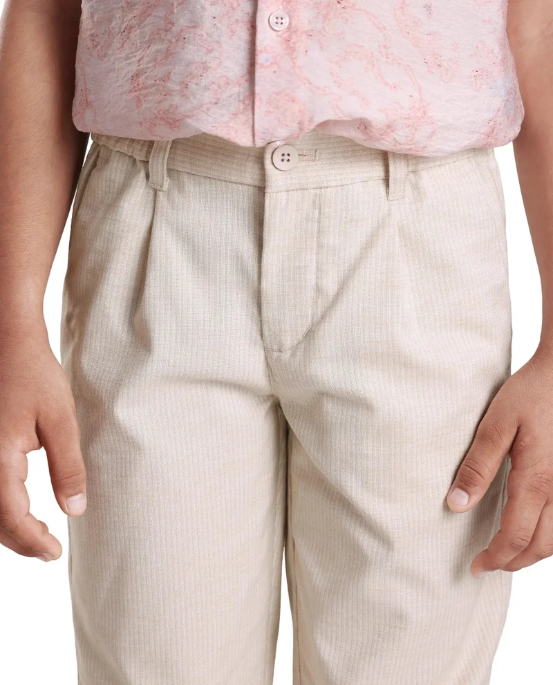 Rare Ones Rare Ones Kids Jin Beige Polyester Striped Button & Zip Closure Regular Fit Trouser