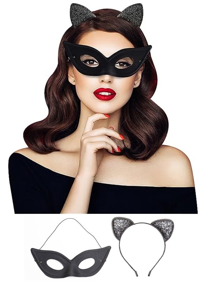 Cat Mask and Cat Ears Headband Set, Ball Party Masquerade Black Cat Eye Mask With Elastic String Masquerade Masks, Catwoman Mask for Cat Themed Party Cosplay Costume, for Women Girls - Image 1