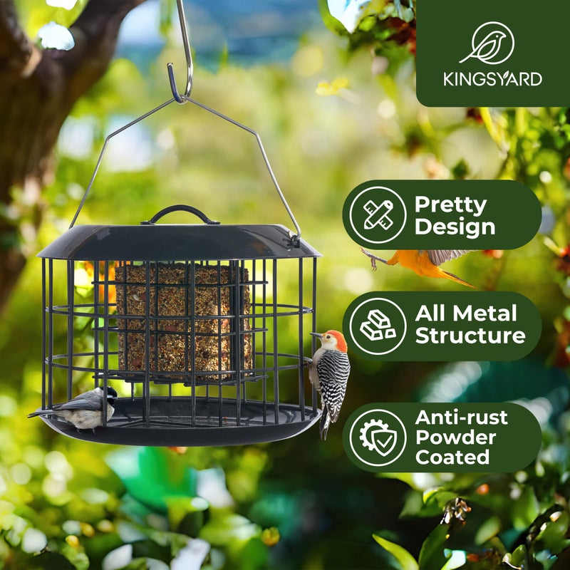 Kingsyard Squirrel Proof Suet Feeder, Cage Bird Feeders for Outdoors Hanging, All Metal, Double Suet Cake Capacity, Tray & Weatherproof, Black - Image 2