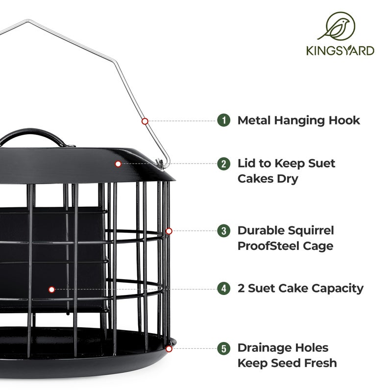 Kingsyard Squirrel Proof Suet Feeder, Cage Bird Feeders for Outdoors Hanging, All Metal, Double Suet Cake Capacity, Tray & Weatherproof, Black - Image 4