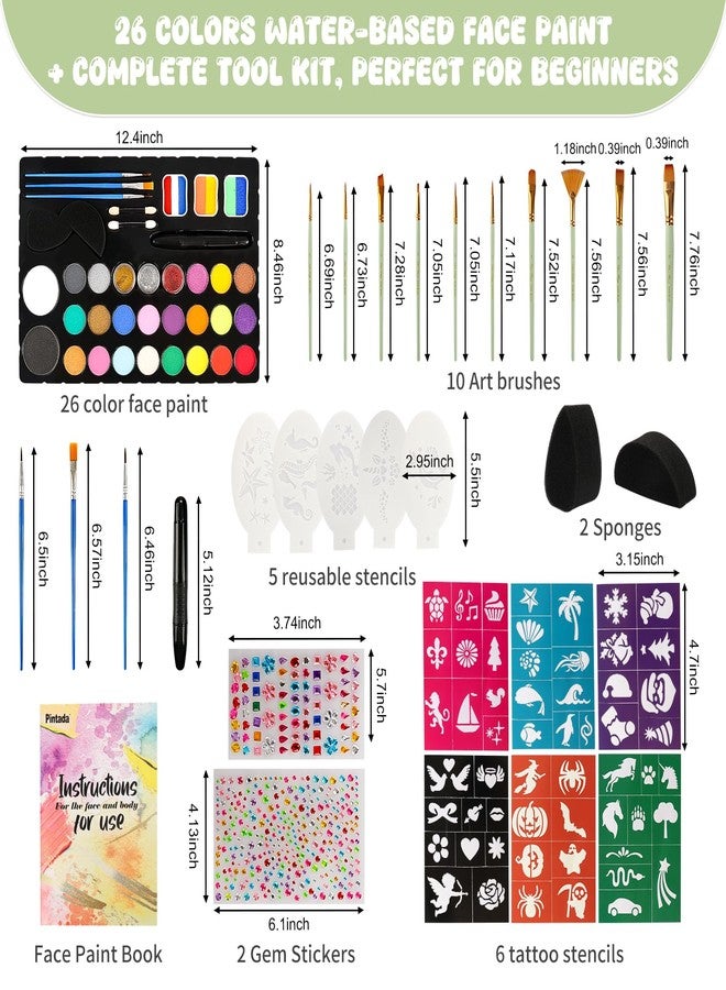 Pintada 26 Color Face Painting Kit for Kids - Non-Toxic Water Activated Face Paint Palette with Brush, Stencils, Gems - For Halloween, Carnivals, Costume Parties, Body Art, Fairs & Creative Events. - Image 2