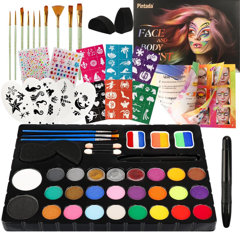 Pintada 26 Color Face Painting Kit for Kids - Non-Toxic Water Activated Face Paint Palette with Brush, Stencils, Gems - For Halloween, Carnivals, Costume Parties, Body Art, Fairs & Creative Events. - Image 1