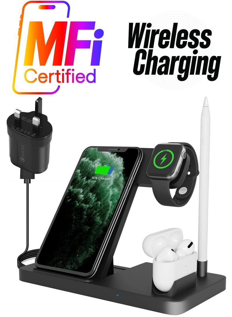 ELTRAZONE 4 in 1 Wireless Charging Station with Adapter for AirPods/Apple Watch Series/Apple Pencil/Apple iPhone/Samsung - Image 1