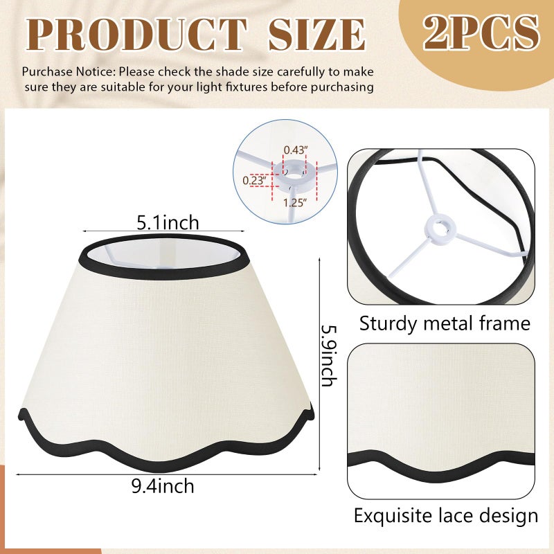 VIHOSE 9.4'' Bottom x 5.9'' High x 5.1'' Top Set of 2 Beige Lamp Shade with Petal Edge, Fabric Chandelier Scalloped Lampshade, for Floor Wall Lamps Table Bedroom Living Room(Light Green Edge) - Image 2