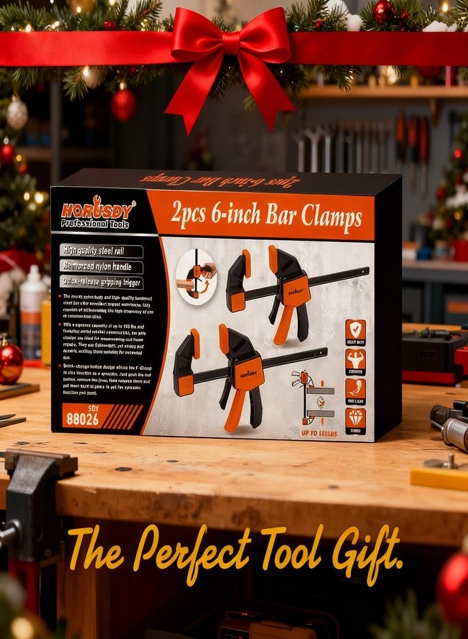 هورسدي مشابك قضبان HORUSDY مقاس 6 بوصات لأعمال النجارة، عبوة من 2 مشابك سريعة الإمساك، مشبك F شديد التحمل مع موزع، مشبك زناد بحد أقصى للحمل 150 رطلاً لأعمال النجارة والنجارة والمشاريع المنزلية - Image 2