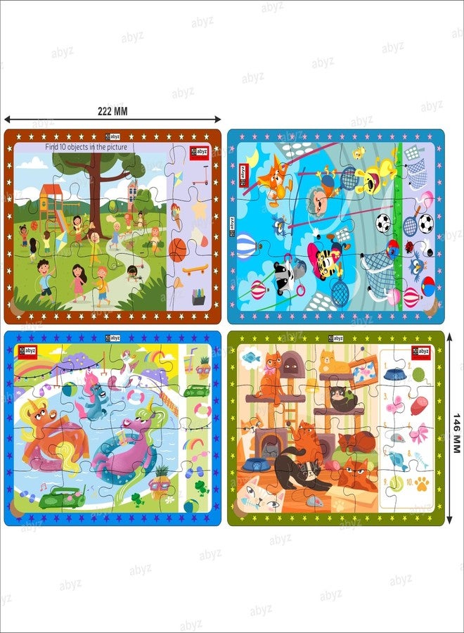 ABYZ Wooden Jigsaw Animals Sports Day, Children's Playtime, Lazy Cats, Unicorns Pooltime, Puzzles 63pcs for Kids with Find The Things of Age 3+, Set of 4 - Image 2