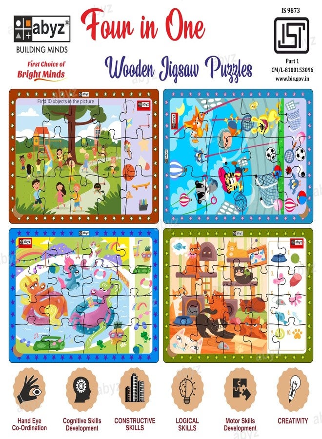 ABYZ Wooden Jigsaw Animals Sports Day, Children's Playtime, Lazy Cats, Unicorns Pooltime, Puzzles 63pcs for Kids with Find The Things of Age 3+, Set of 4 - Image 3