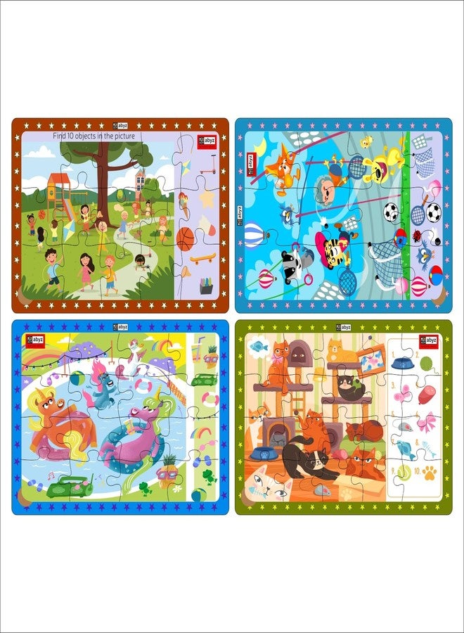 ABYZ Wooden Jigsaw Animals Sports Day, Children's Playtime, Lazy Cats, Unicorns Pooltime, Puzzles 63pcs for Kids with Find The Things of Age 3+, Set of 4 - Image 1