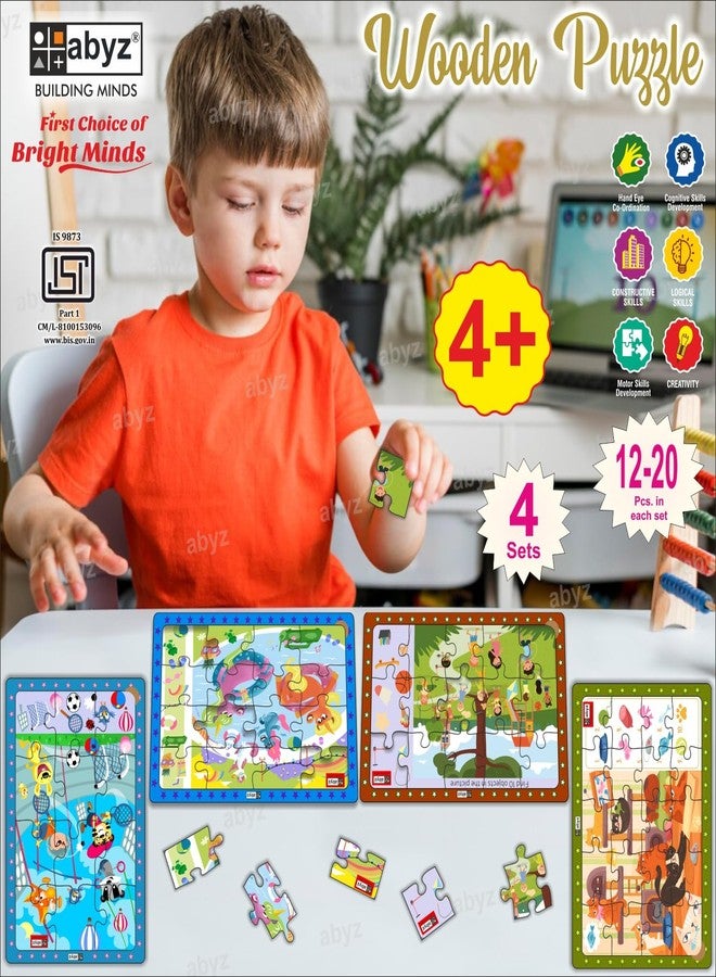 ABYZ Wooden Jigsaw Animals Sports Day, Children's Playtime, Lazy Cats, Unicorns Pooltime, Puzzles 63pcs for Kids with Find The Things of Age 3+, Set of 4 - Image 4