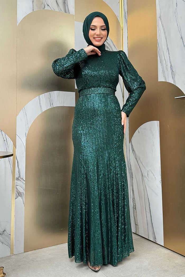 Bym Fashion Belt Accessory Sequin Fish Evening Dress 3858 Emerald  - Image 1