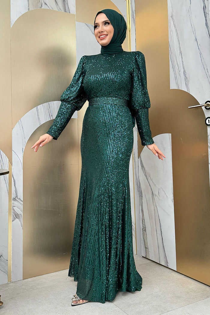 Bym Fashion Belt Accessory Sequin Fish Evening Dress 3858 Emerald  - Image 2