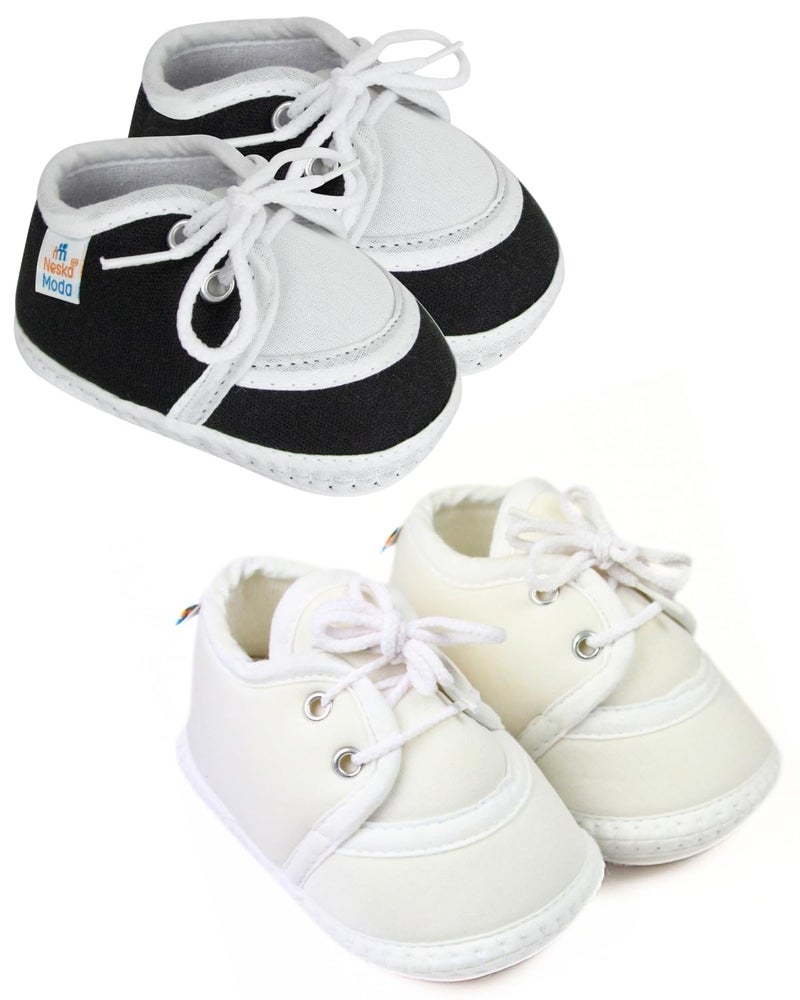Neska Moda 6 To 12 Months Baby Boys & Girls Pack of 2 Pair Cotton Lace Shoes/Booties (Black,White)-SK145andBT2157 - Image 1