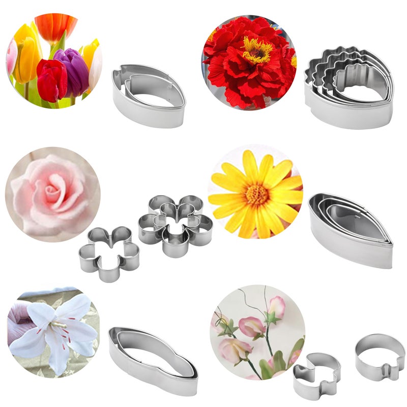 Mr Cookie MrCookie 24pcs Fondant Flower Petal Cutters set,Stainless Steel molds for cake decorating,Magnolia,dahlias,carnations,peonies,gardenias,parrot tulips. - Image 1