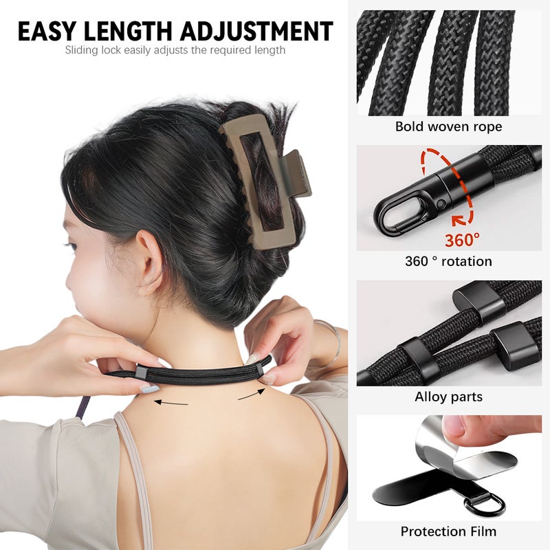 هاسذيب HASTHIP® حبل رقبة الهاتف، حزام هاتف أنيق منسوج من النايلون مع لوحات معدنية، تصميم قابل للتعديل لقفل الحبل المنزلق، كروس بودي قابل للفصل بدون استخدام اليدين 60 درجة حزام حبل هاتف دوار، أسود - Image 3