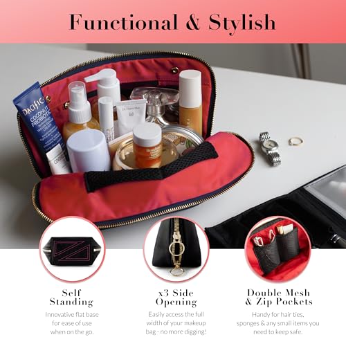 KUSSHI Washable Travel Makeup & Cosmetic Bag - Brush Organizer Sold Separately (Signature, Satin Black/Red) - Image 3