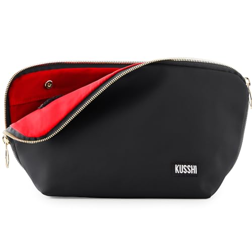 KUSSHI Washable Travel Makeup & Cosmetic Bag - Brush Organizer Sold Separately (Signature, Satin Black/Red) - Image 1
